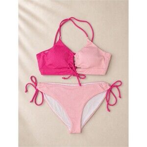 B2prity Two Tone Pink Bikini Set Textured Halter Tie Side Swimwear NWT